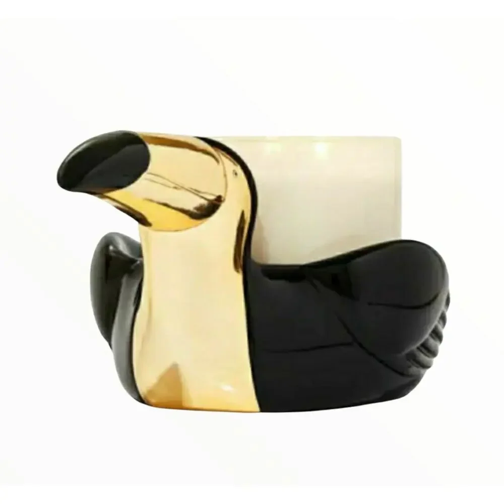 BBW Toucan Bird Gold & Black Large 3 Wick Candle Holder Pedestal Home Decor